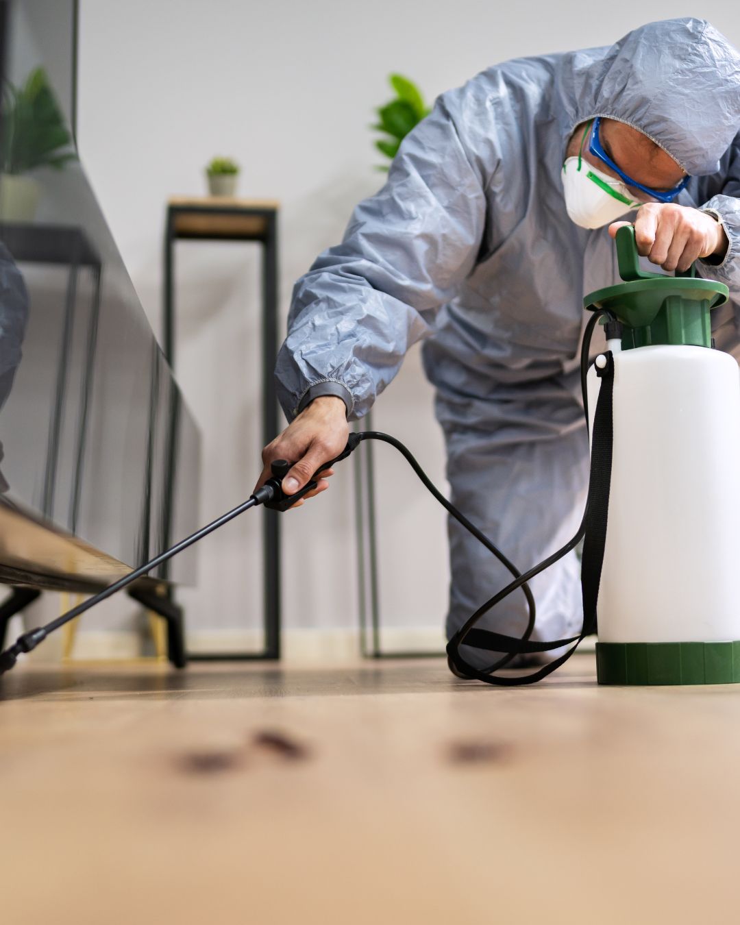 Technicien en combinaison traitant un logement contre les nuisibles
